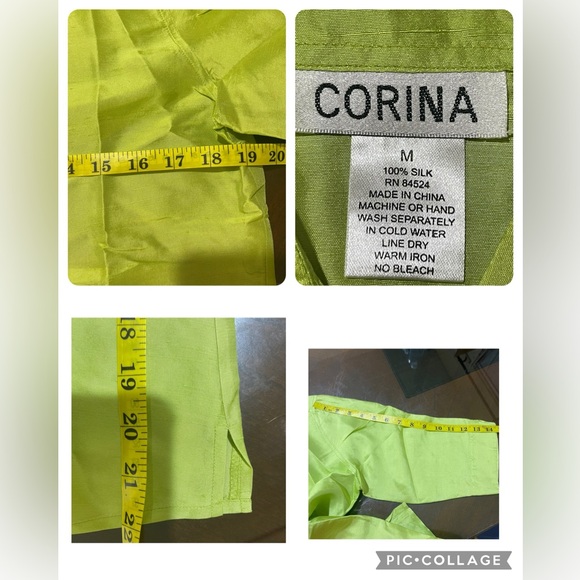 NWOT Corina 100% Silk Top Blouse M Green Button Front 3/4 Sleeve Collard - Picture 3 of 9